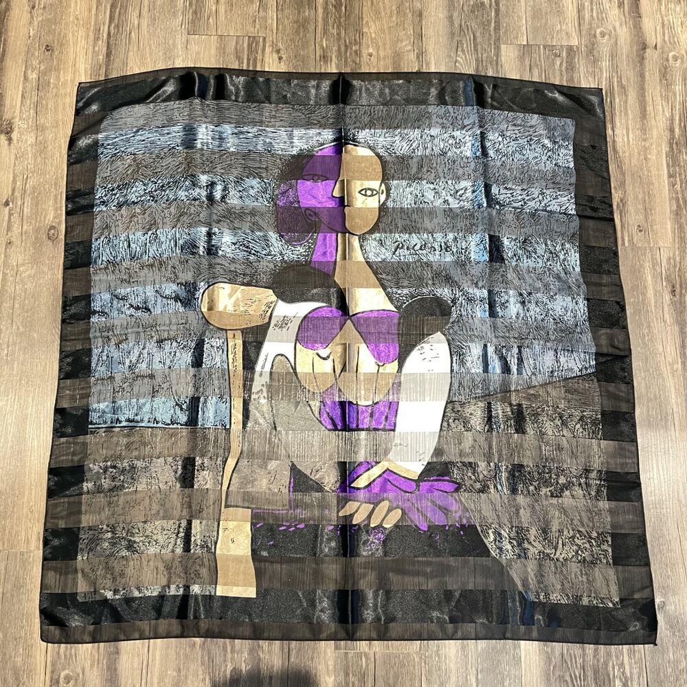 Vintage Picasso Square Scarf Woman Abstract Art Cubist Purple Black Vintage
